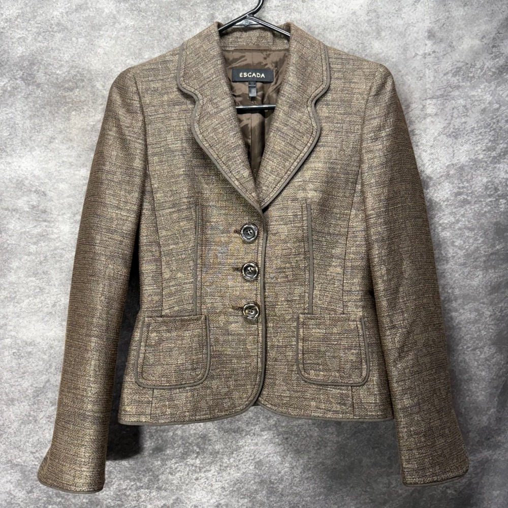 Escada Brown Bronze Metallic Textured Blazer Jacket Size 34 Career Preppy VTG